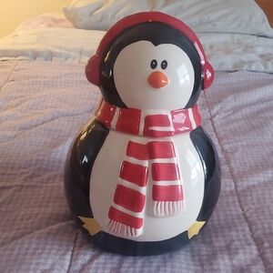 Festive Penguin Cookie Jar with Red Scarf